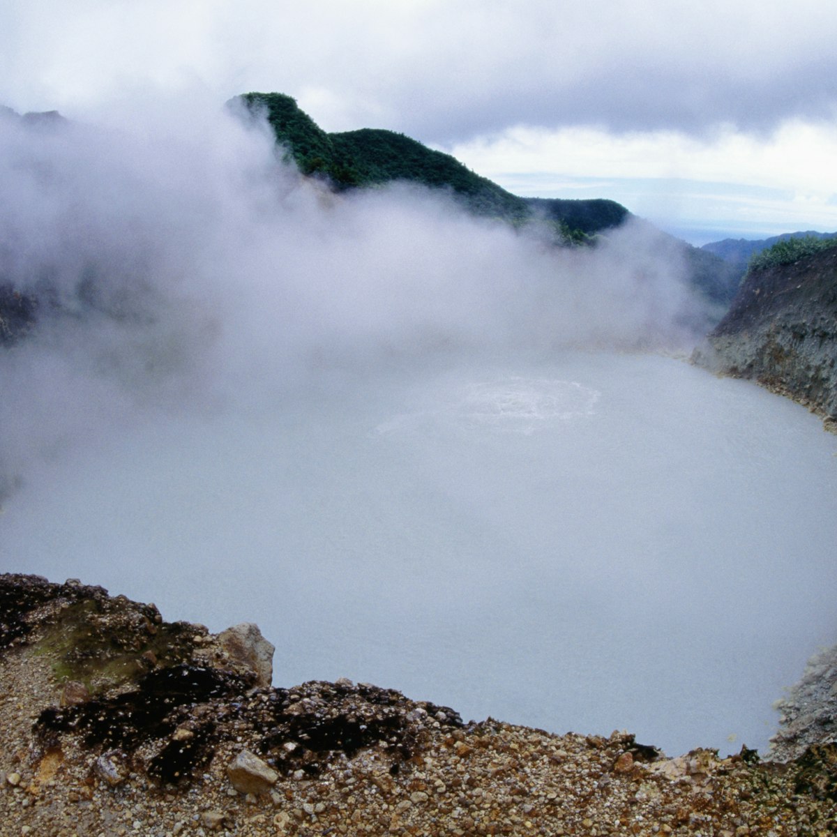 Boiling Lake in the Valley of Desolation is the second largest solfatara, a volcanic vent emitting only sulphurous gases, water vapour or mud.