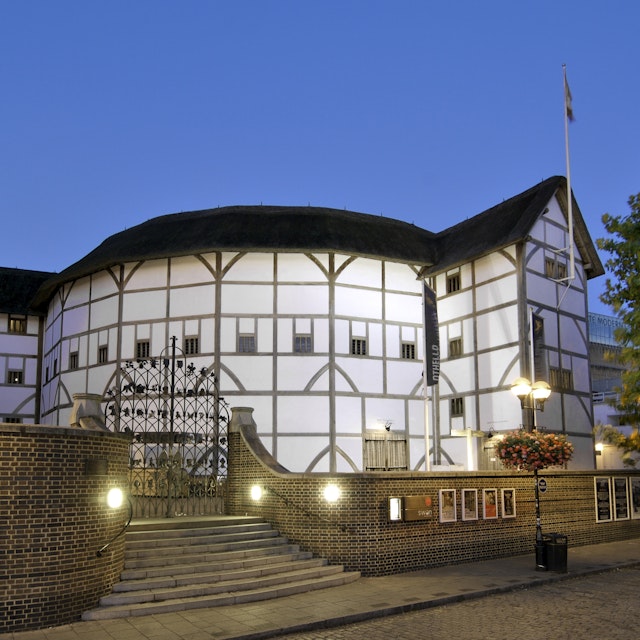 Dusk view of Shakespeare's Globe Theatre on the banks of the River Thames in London