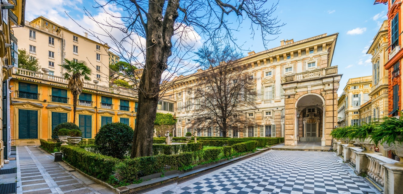 GENOA, ITALY, MARCH 13, 2016: View of a garden situated between palazzo bianco and palazzo doria tursi palace in Genoa, Italy; Shutterstock ID 483815368; Your name (First / Last): Anna Tyler; GL account no.: 65050; Netsuite department name: Online Editorial; Full Product or Project name including edition: destination-image-southern-europe