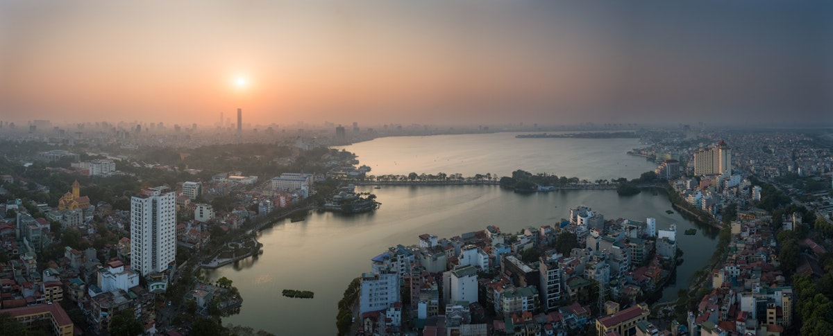 Sunset panorama over West Lake, Hanoi, Vietnam