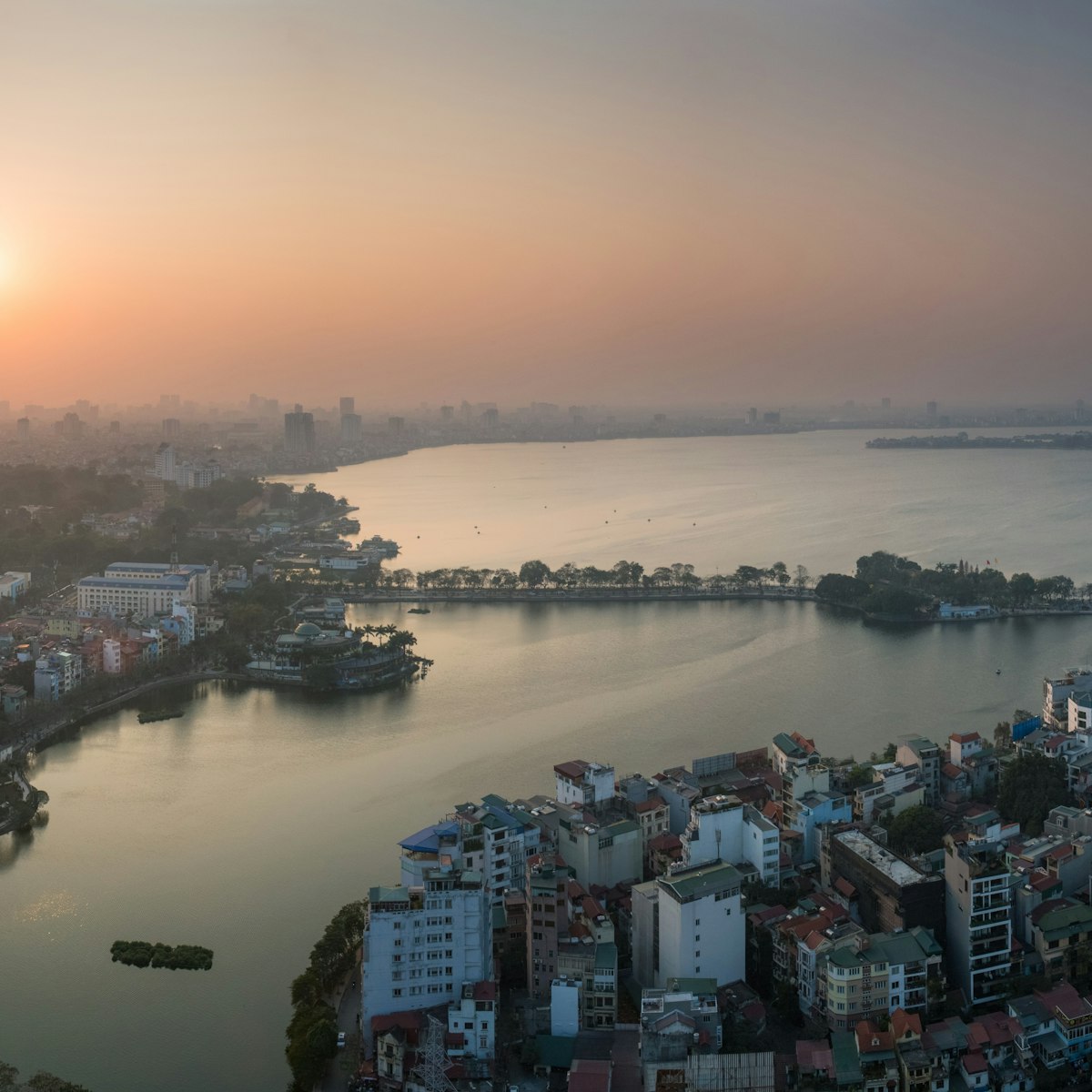 Sunset panorama over West Lake, Hanoi, Vietnam