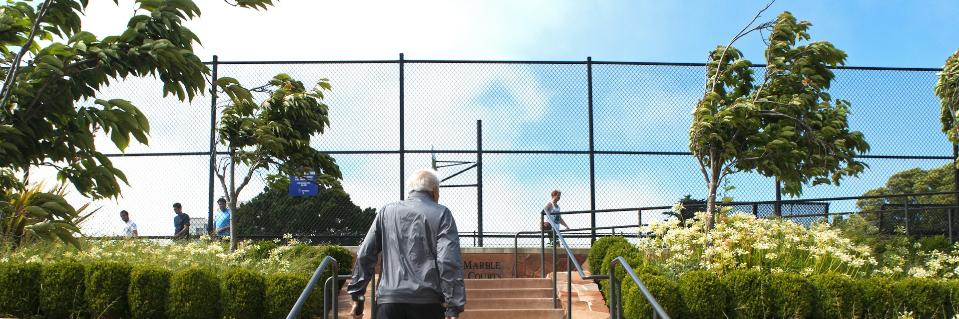 Stairs to tennis courts and basketball court in Sterling Park.