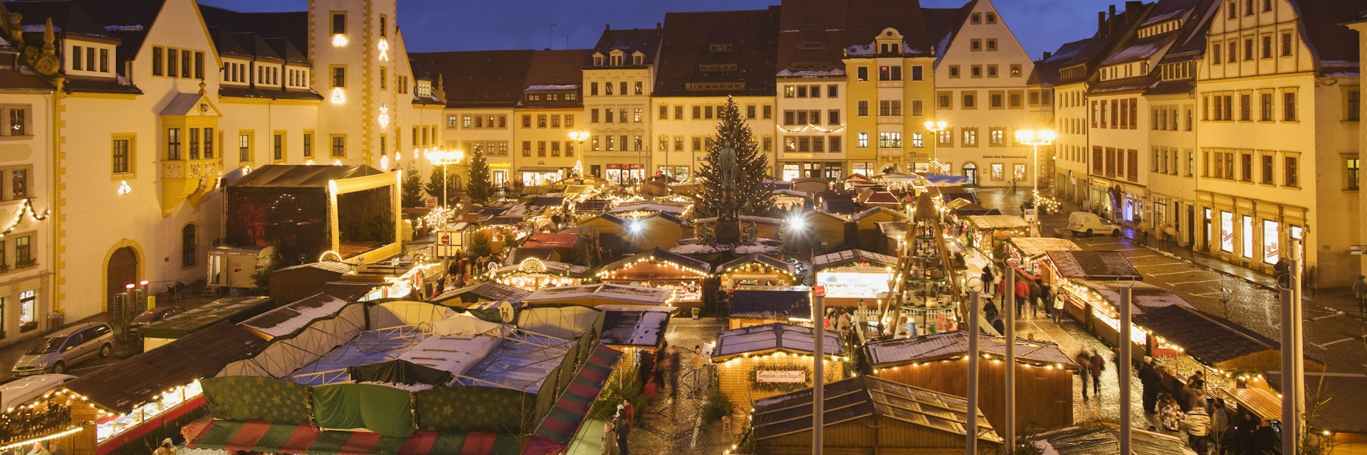 View over Christmas market, Freiberg, Ore mountains, Saxony, Germany