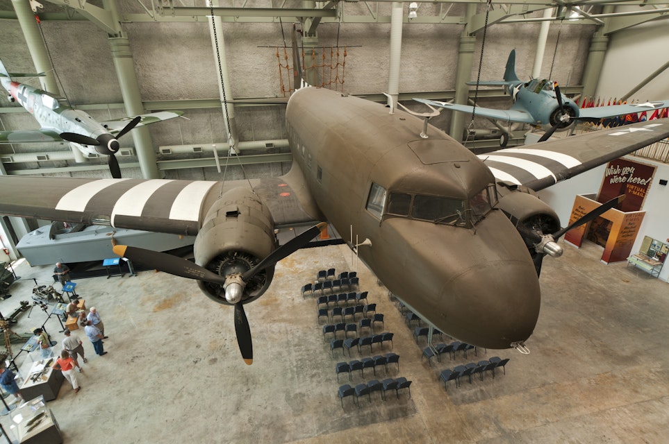 Douglas C-47 Dakota, transport glidertowning aircraft in D-Day markings at the National WWII Museum.