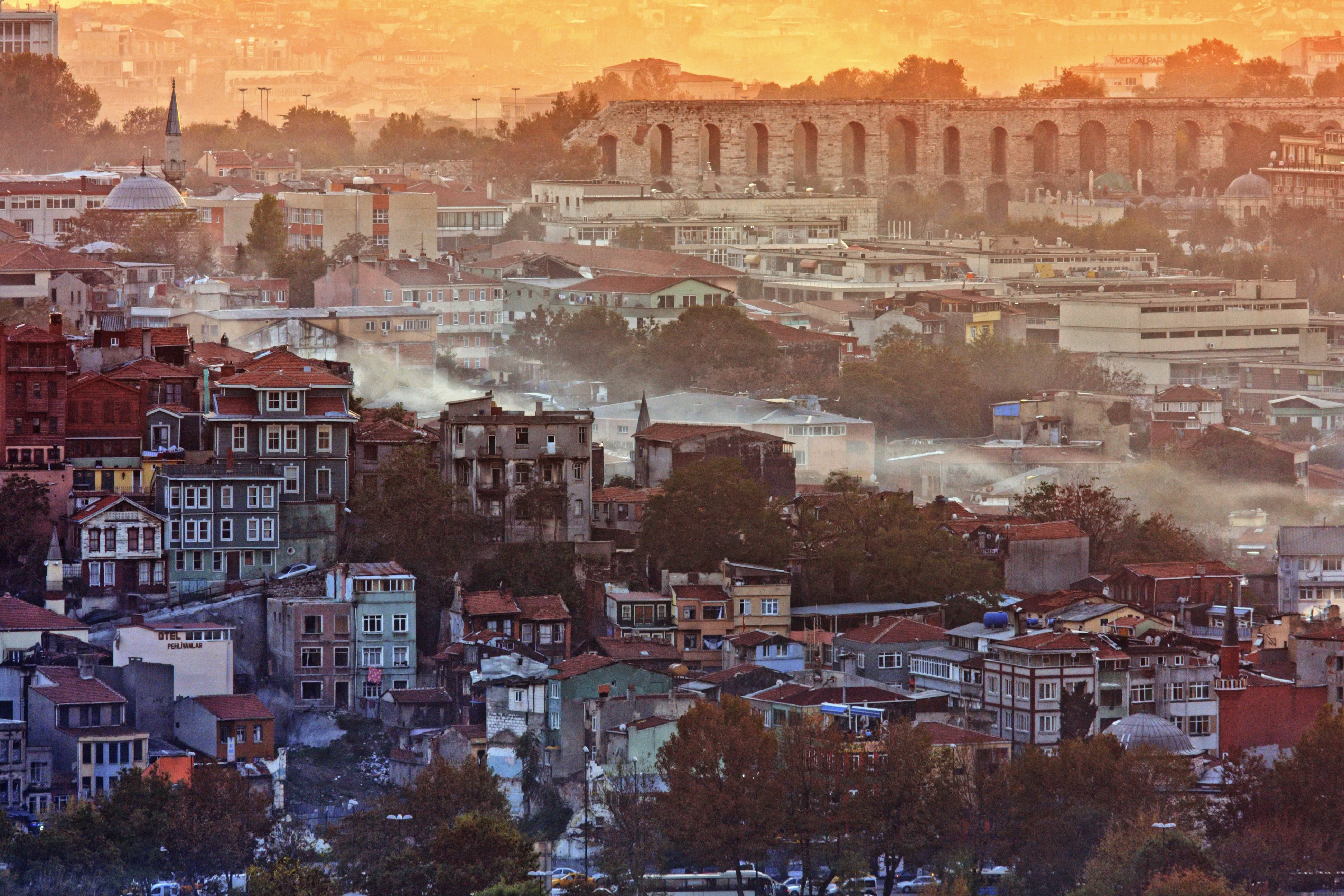 Fatih district during sunset with Valens' Aquaduct in background (top right).