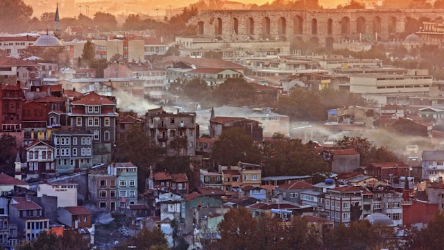 Fatih district during sunset with Valens' Aquaduct in background (top right).