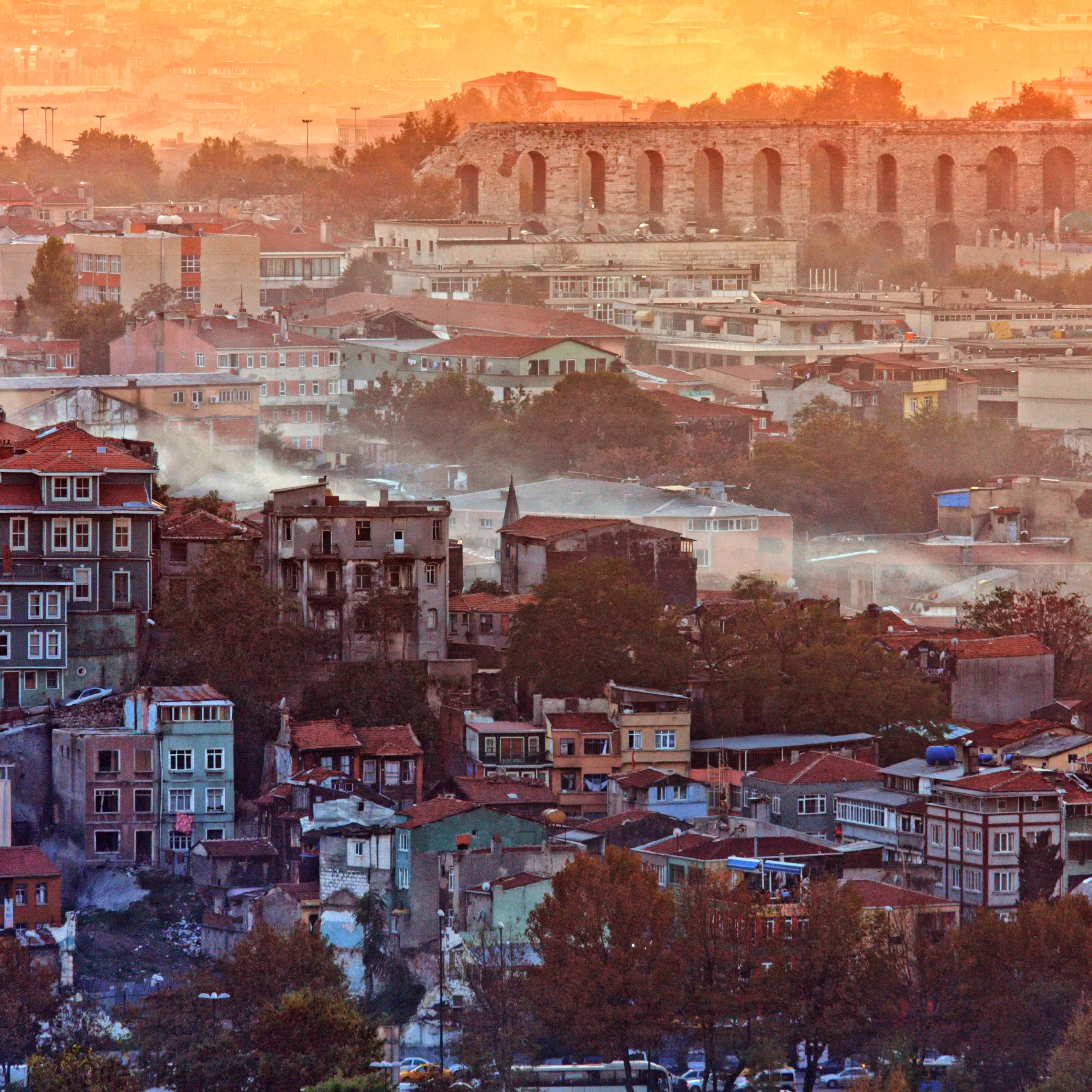 Fatih district during sunset with Valens' Aquaduct in background (top right).
