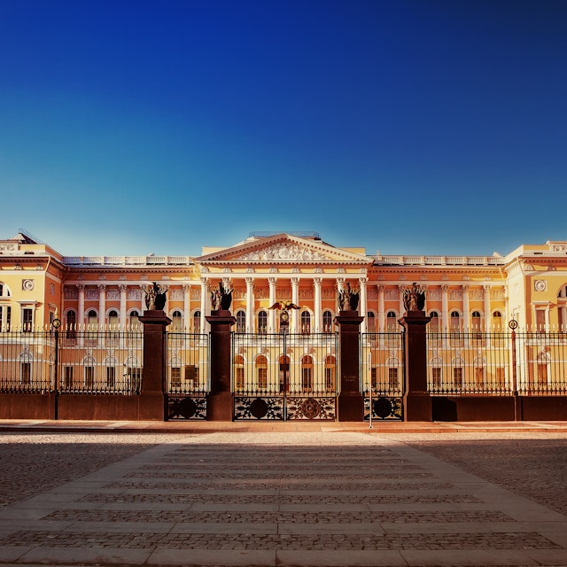 State Russian Museum....The Russian Museum today is a unique depository of artistic treasures, a leading restoration center, an authoritative institute of academic research, a major educational center and the nucleus of a network of national museums of art...The Russian Museum collection contains more than 400.000 exhibits. The main complex of museum buildings - the Mikhailovsky Palace and Benois Wing - houses the permanent exhibition of the Russian Museum, tracing the entire history of Russian art from the tenth to the twentieth centuries. The museum collection embraces all forms, genres, schools and movements of art.....www.rusmuseum.ru/eng