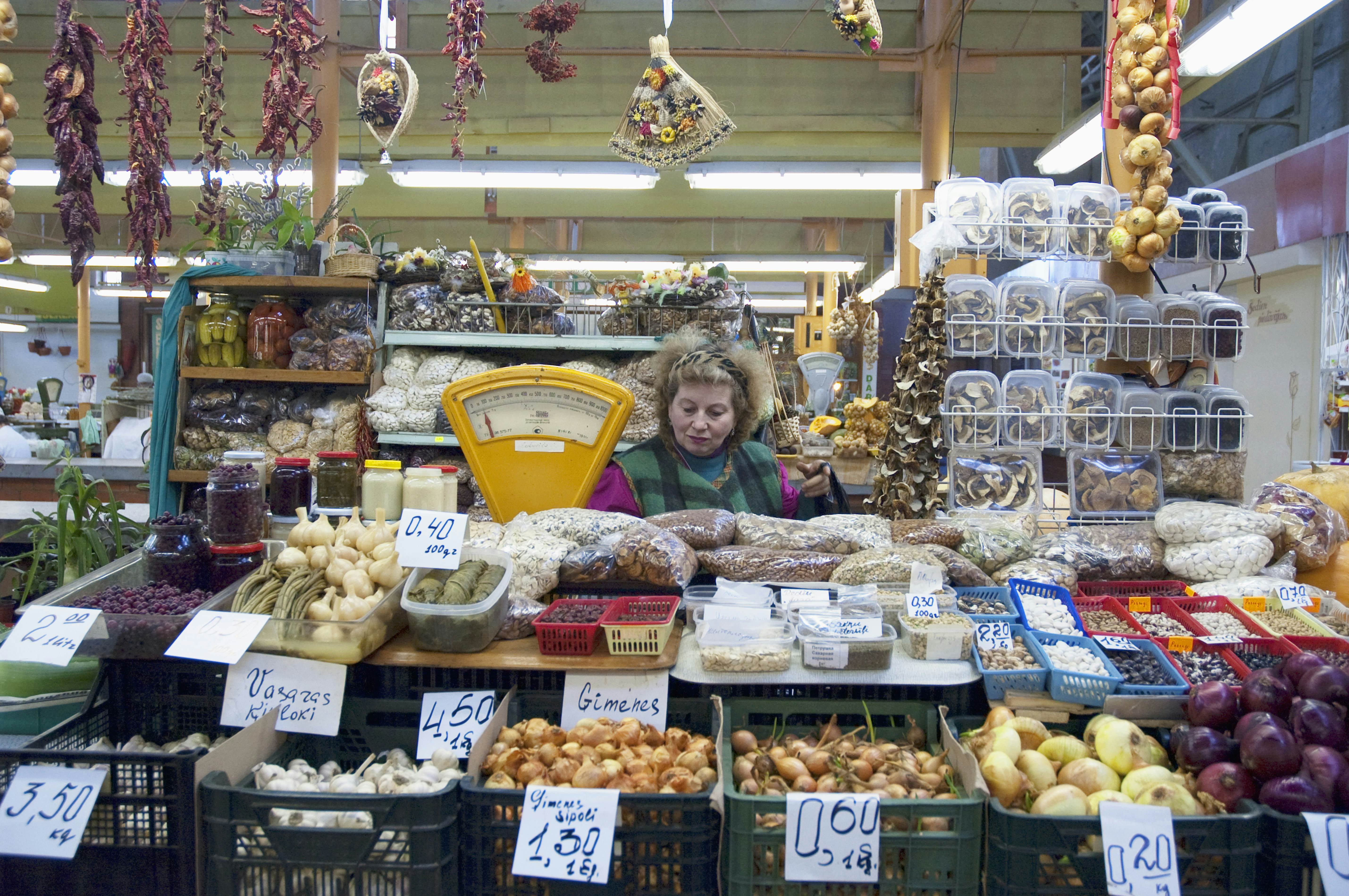 Fresh Produce Vendor At The Central Market Housed In Reconditioned Zeppelin Hangars, Riga, Latvia (Photo by: Insights/UIG via Getty Images)