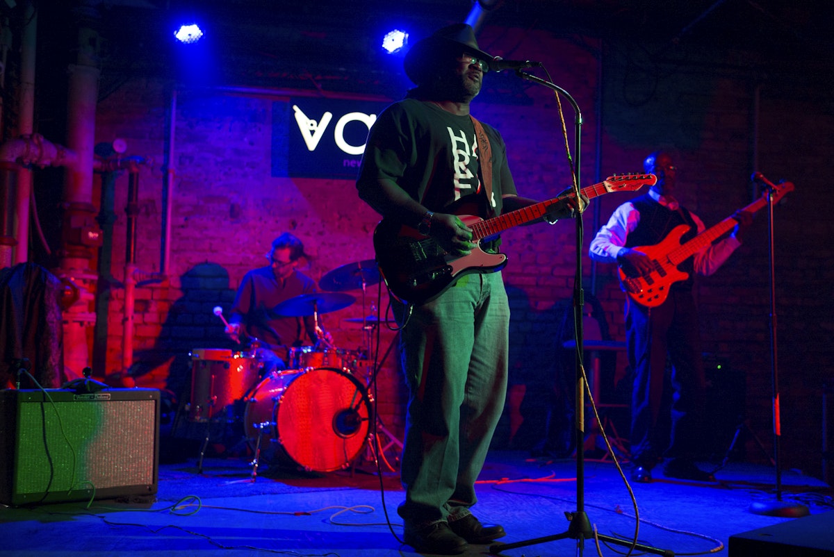 UNITED STATES - NOVEMBER 13: Blues band guitarist drums playing Vaso live jazz club, Decatur Frenchmen Street, Marigny, French Quarter New Orleans USA (Photo by Tim Graham/Getty Images)