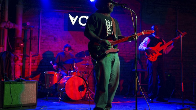 UNITED STATES - NOVEMBER 13: Blues band guitarist drums playing Vaso live jazz club, Decatur Frenchmen Street, Marigny, French Quarter New Orleans USA (Photo by Tim Graham/Getty Images)