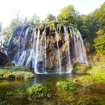Water cascading into one of Plitvice’s upper lakes.