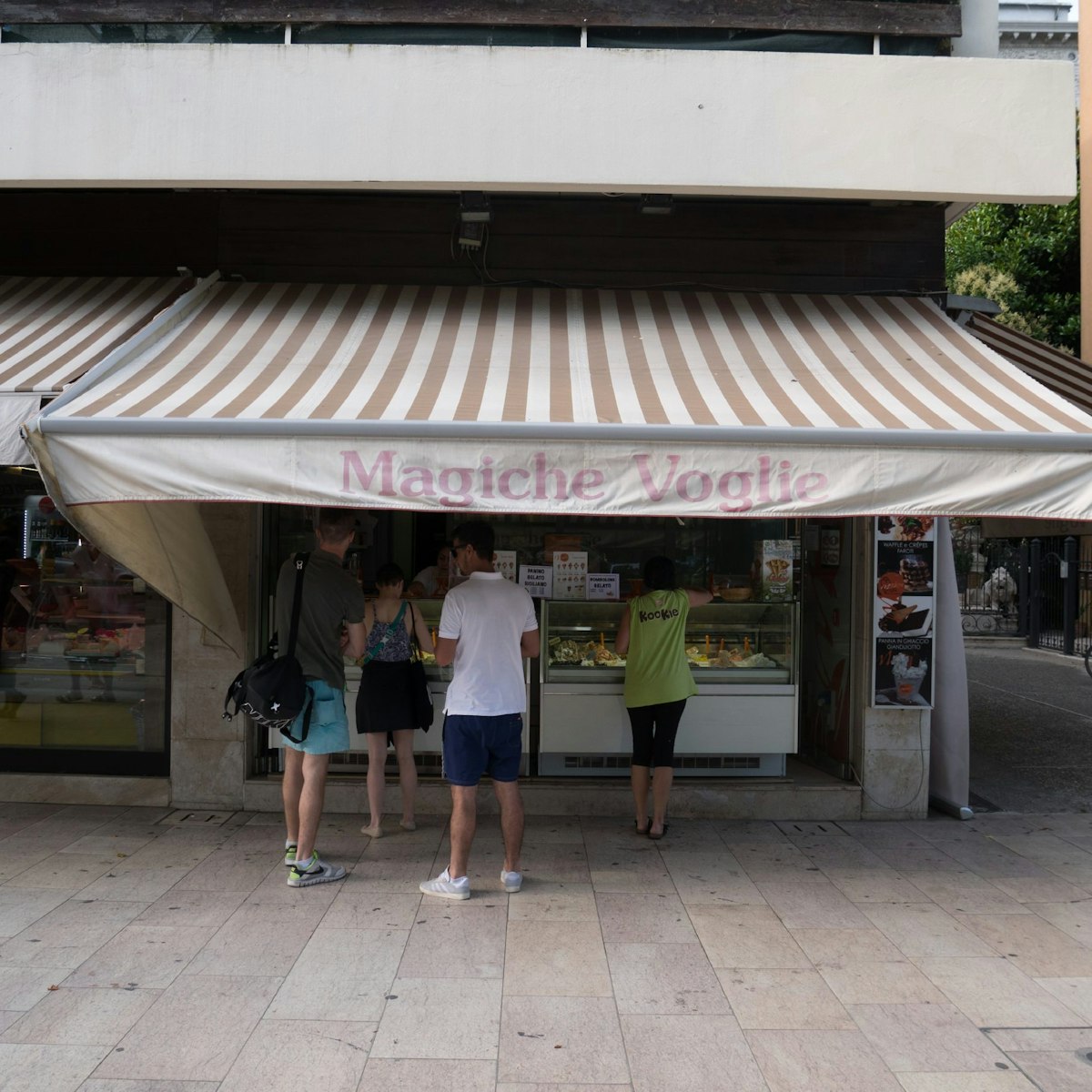 The canopied shop front of the Magiche Voglie ice-cream parlour