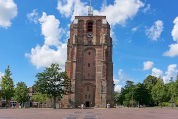 View on De Oldehove. An unfinished and leaning church tower in the medieval centre of the Dutch city of Leeuwarden.; Shutterstock ID 691110064