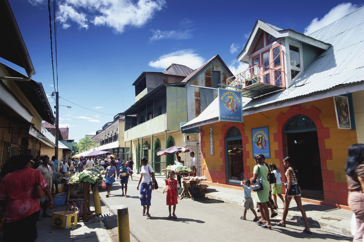 Street setting, People walking along the Market Street in Victoria, Mahe Island, Seychelles