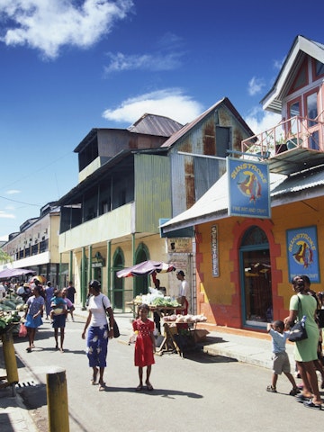 Street setting, People walking along the Market Street in Victoria, Mahe Island, Seychelles