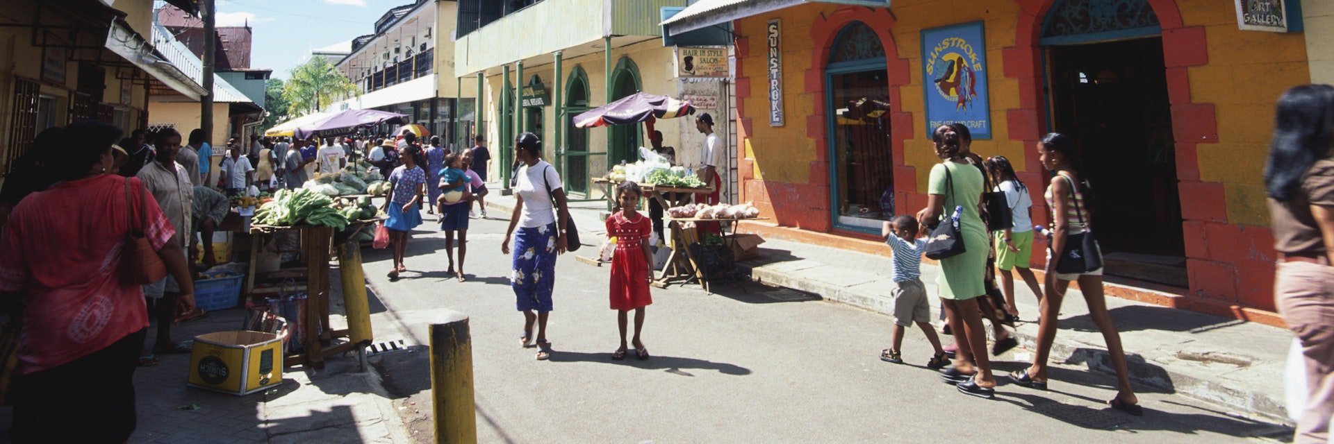 Street setting, People walking along the Market Street in Victoria, Mahe Island, Seychelles