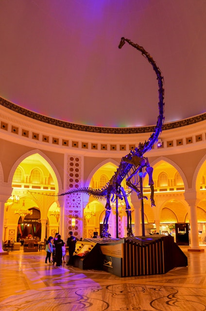 Dinosaur Skeleton in Dubai Mall, Dubai Downtown, United Arab Emirates, UAE, 6th May 2015; Shutterstock ID 646770508; Your name (First / Last): Lauren Keith; GL account no.: 65050; Netsuite department name: Online Editorial; Full Product or Project name including edition: Authentic Dubai Article