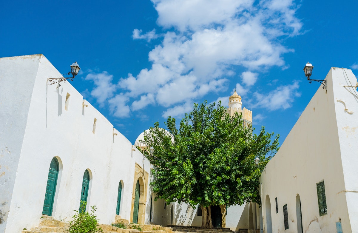The scenic facade of Zaouia Sidi Abdallah Boumakhlouf is hidden behind the lush green tree, El Kef, Tunisia.; Shutterstock ID 356417552