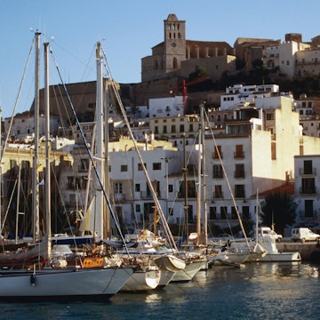 The harbour in Ibiza with D'Alt Vila, the fortress and walled town on the top of the hill.