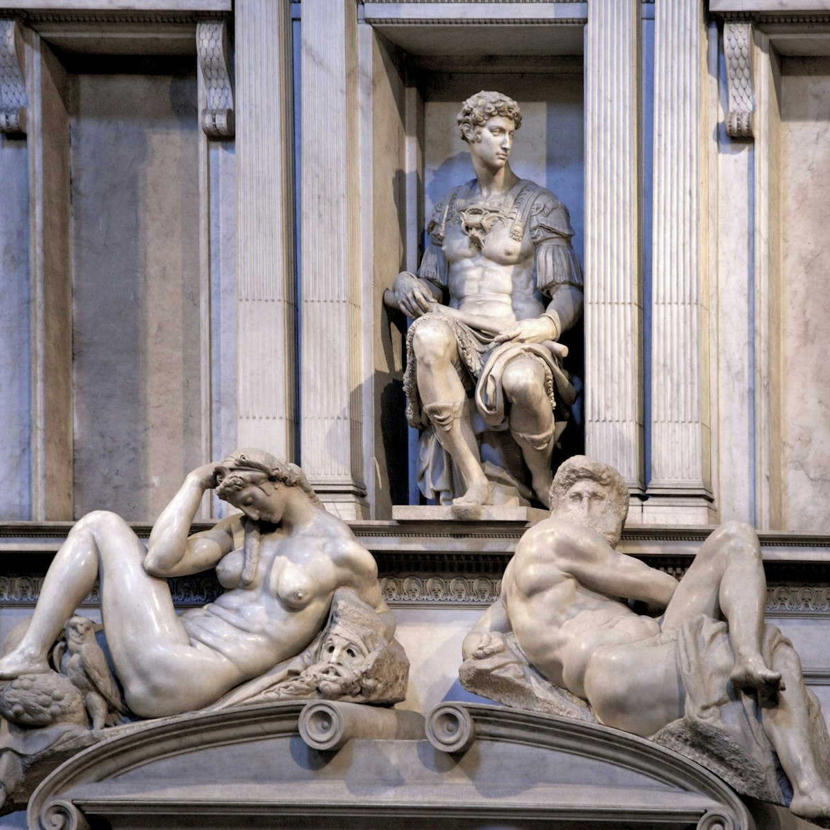 Europe, Italy, Tuscany, Florence, San Lorenzo, Medici Chapel, marble sculpture by Michelangelo, 1524-31, Night, Tomb of Giuliano de' Medici