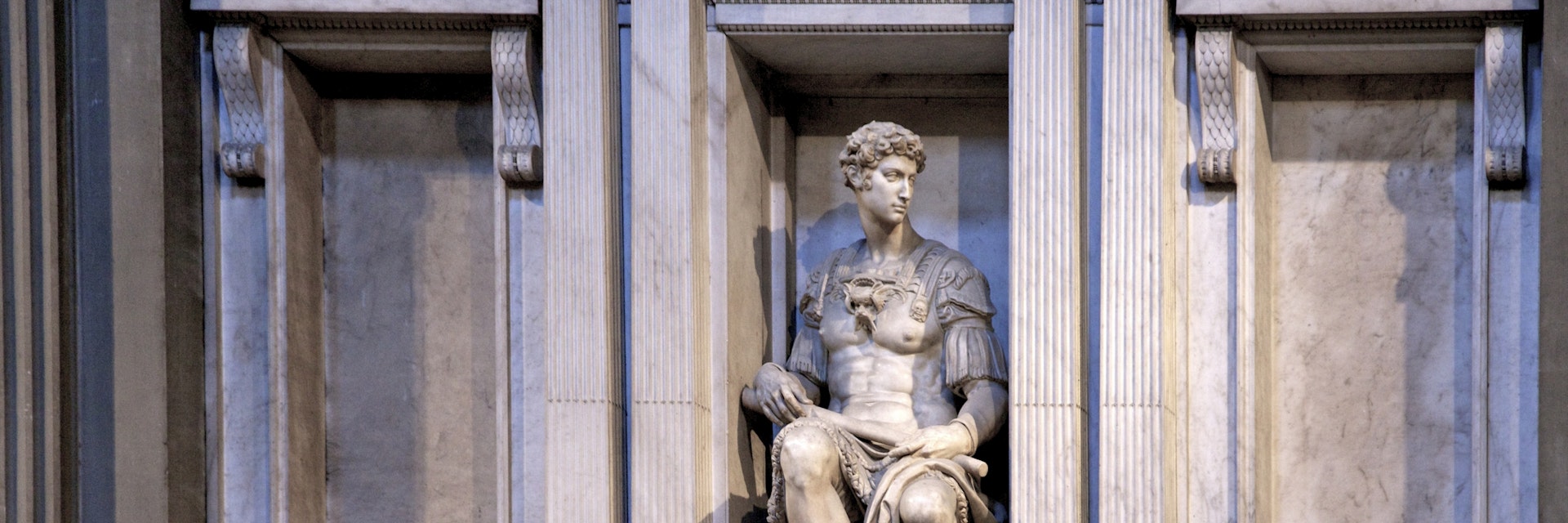 Europe, Italy, Tuscany, Florence, San Lorenzo, Medici Chapel, marble sculpture by Michelangelo, 1524-31, Night, Tomb of Giuliano de' Medici