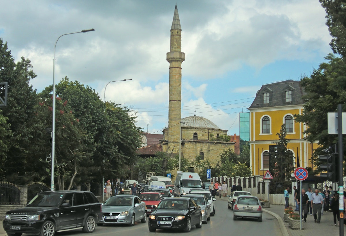 Street scene in downtown Pristina, the capitol of Kosovo.  Many mosques are located in this predominantly Muslim nation.
