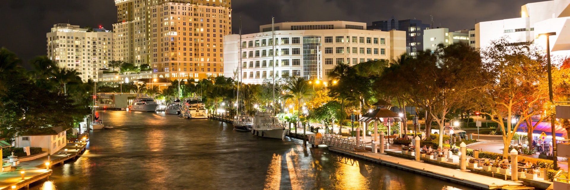 FORT LAUDERDALE, USA - DEC 6, 2015: Night view of New River with Riverwalk promenade highrise condominium buildings and yachts in Fort Lauderdale, Florida; Shutterstock ID 355336061; Your name (First / Last): Lauren Keith; GL account no.: 65050; Netsuite department name: Content Asset; Full Product or Project name including edition: Guides Project Eastern USA