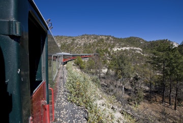 Train on the railroad line between Creel and Posada Barrancas, Chihuahua, Mexico