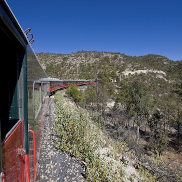 Train on the railroad line between Creel and Posada Barrancas, Chihuahua, Mexico