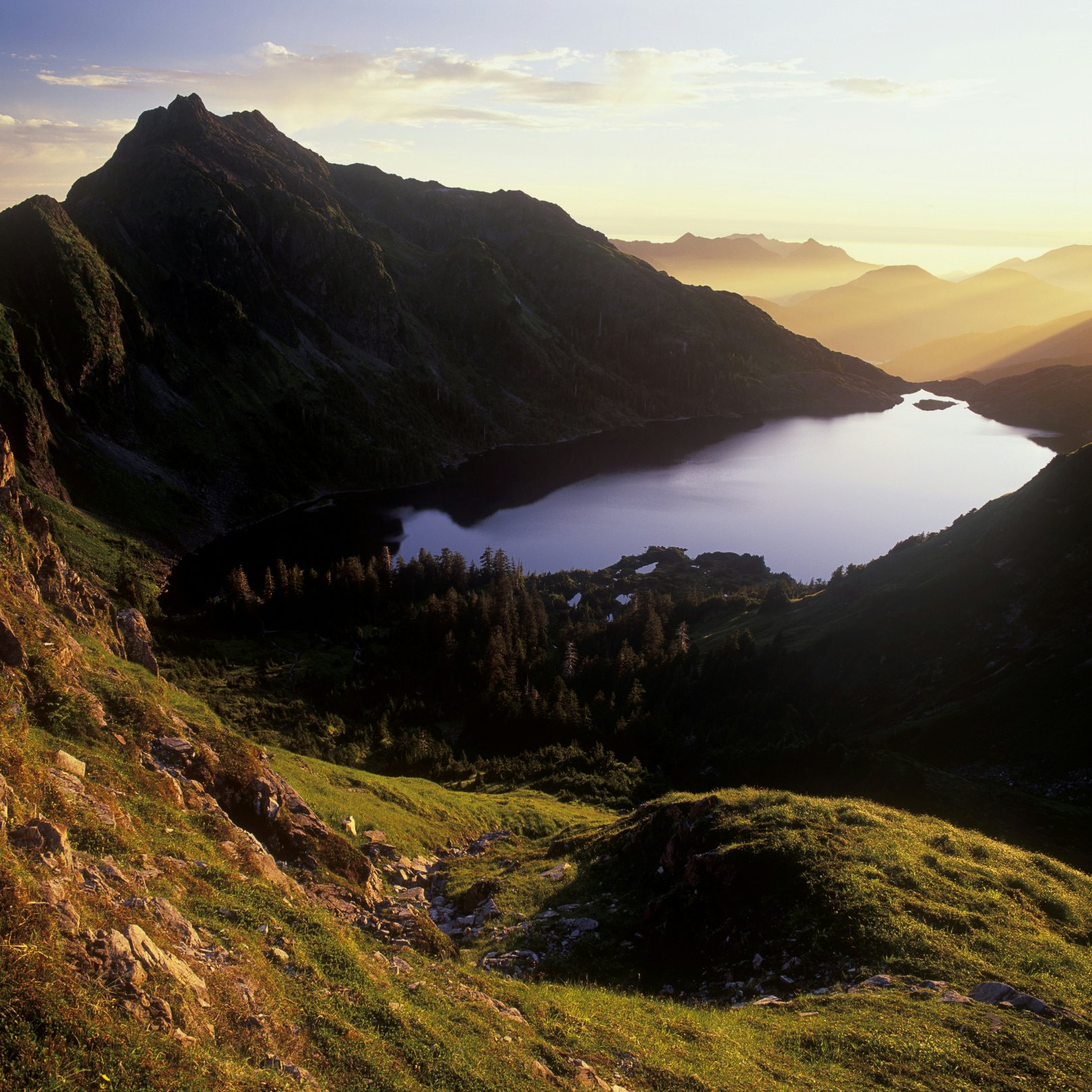 Takakia Lake at sunset, Moresby Island, Haida Gwaii, British Columbia, Canada.