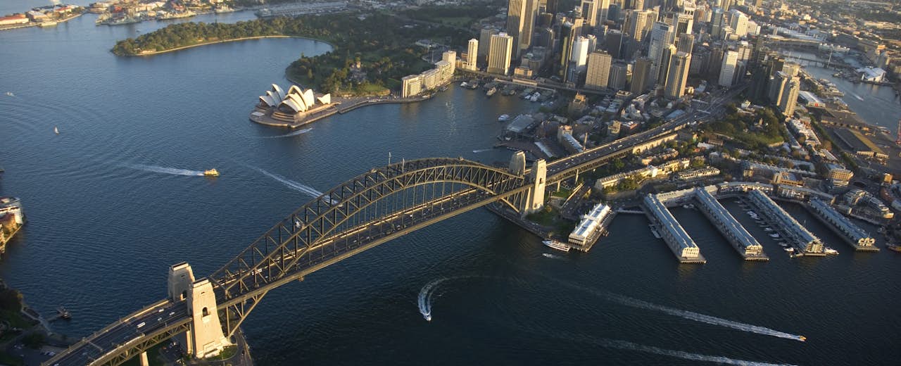 Aerial of Sydney Harbour and bridge.