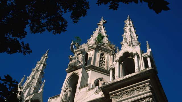 Oblique view of the facade and spires of the Santa Capilla in the old town of Caracas. This Neo-Gothic chapel was commenced in 1883 and was modelled on Sainte Chapelle of Paris.