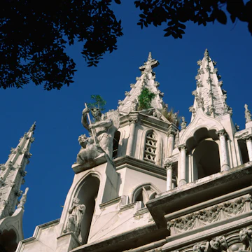Oblique view of the facade and spires of the Santa Capilla in the old town of Caracas. This Neo-Gothic chapel was commenced in 1883 and was modelled on Sainte Chapelle of Paris.