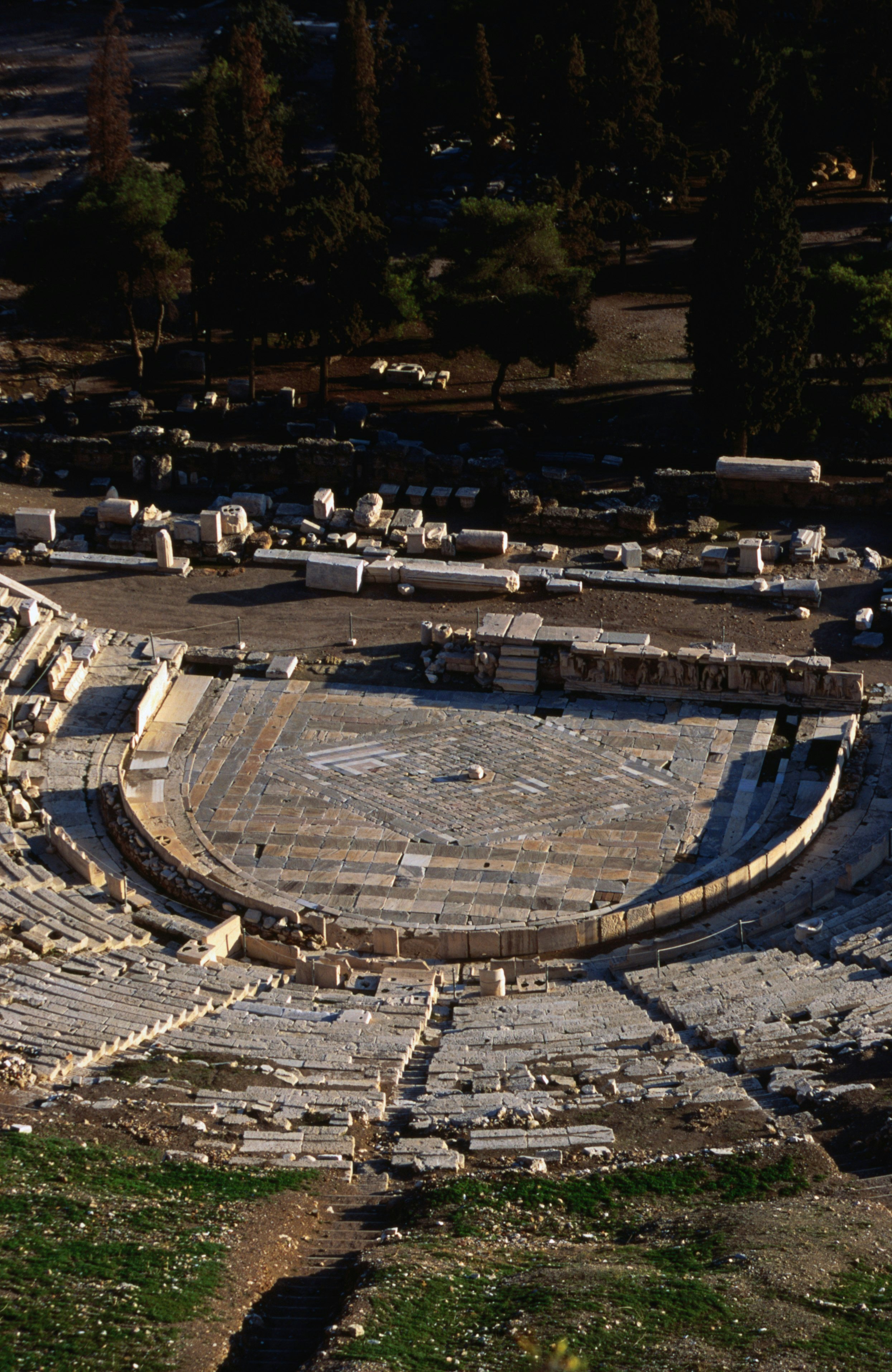 Theatre of Dionysos, showing its architectural evolution and transformation from the fifth century B.C. through the Roman Imperial period, on the south slope of the Acropolis, Athens.