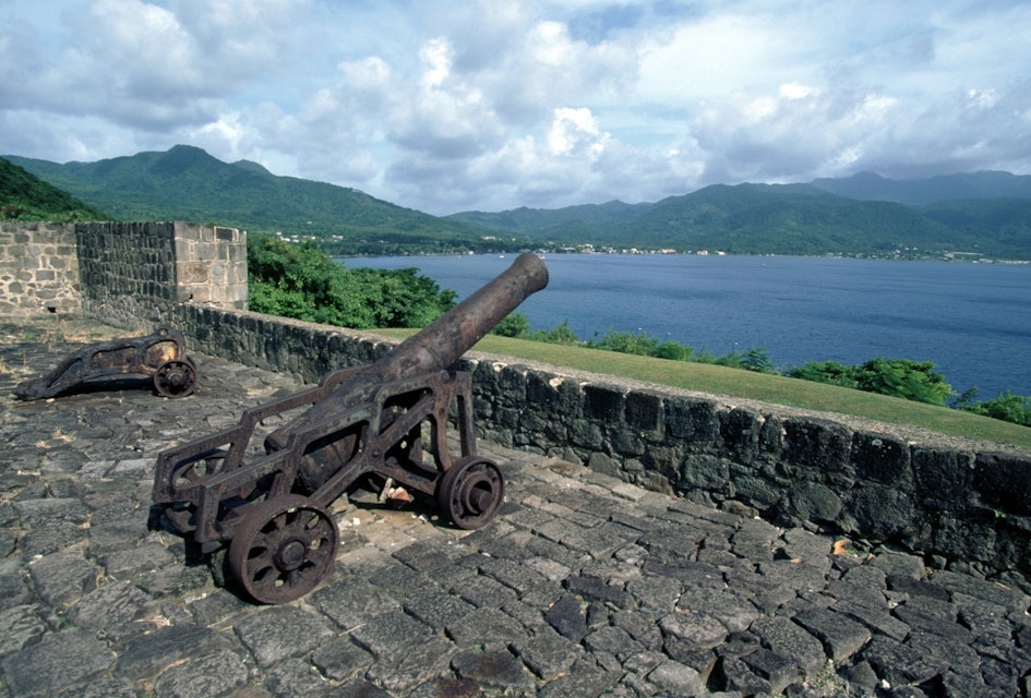 DOMINICA - APRIL 23: Ancient cannon in Fort Shirley, 18th century, old British outpost on the island of Dominica, Cabrits National Park, Dominica. (Photo by DeAgostini/Getty Images)