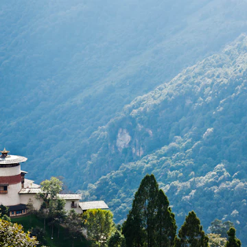 At a strategic vantage point perched high over Trongsa Dzong, rises its watch tower, Bhutan.