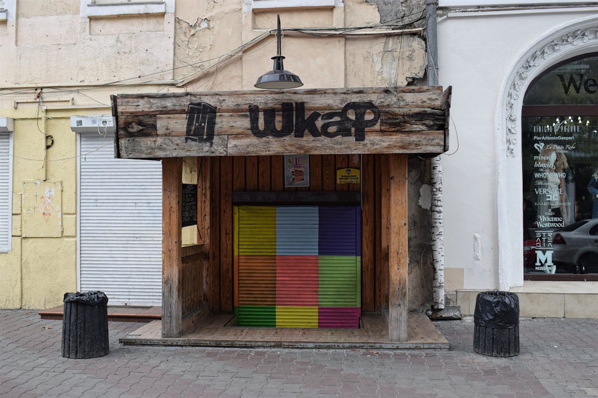 The entrance to Shkaf, a basement bar and club in Odesa
