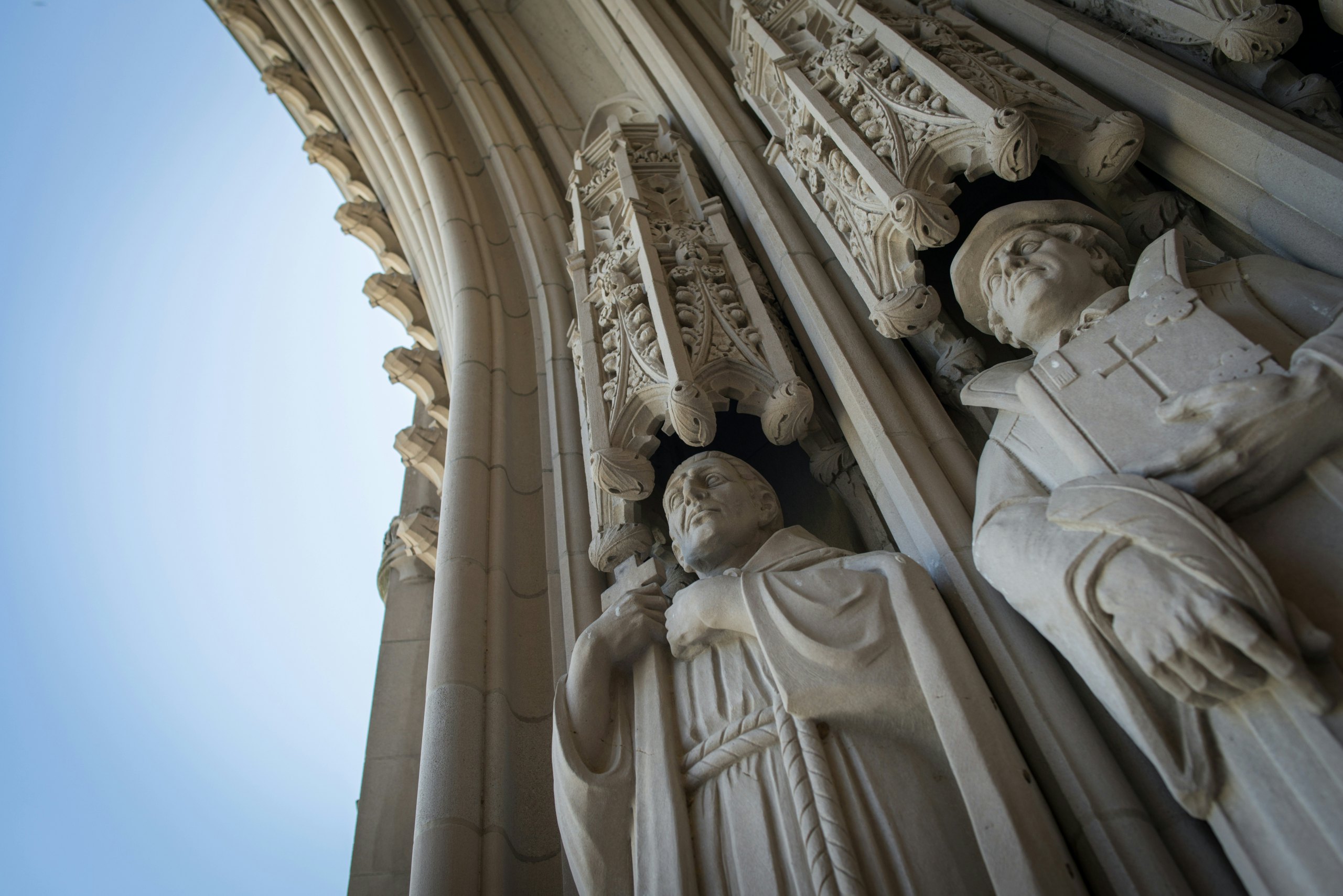 Gothic sculptures at the entrance of the main chapel at Duke University in Durham, North Carolina.