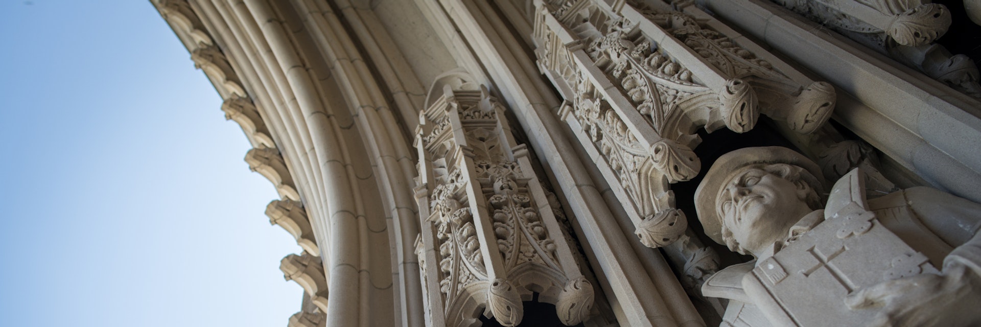 Gothic sculptures at the entrance of the main chapel at Duke University in Durham, North Carolina.