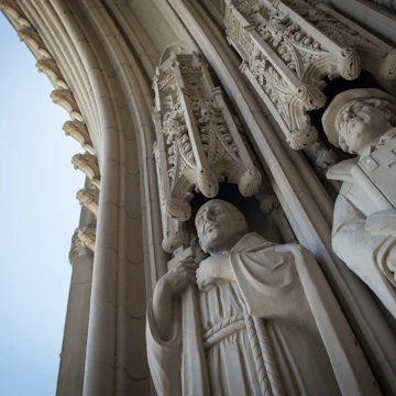Gothic sculptures at the entrance of the main chapel at Duke University in Durham, North Carolina.