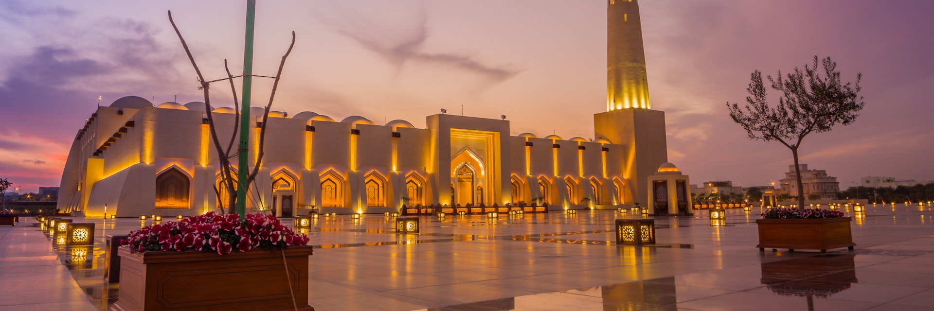 Imam Muhammad ibn Abd al-Wahhab Mosque (Qatar State Mosque) exterior view at sunset with clouds in the sky; Shutterstock ID 747708160; Your name (First / Last): Lauren Keith; GL account no.: 65050; Netsuite department name: Online Editorial; Full Product or Project name including edition: Destination page image update