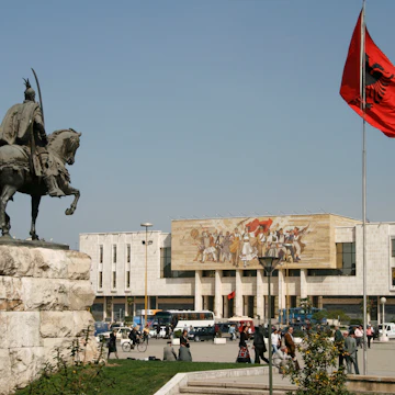 Skanderberg equestrian statue in Skanderberg Square and the National History Museum.