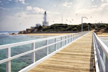View of Point Lonsdale Lighthouse and jetty with seagulls in sky, Bellarine Peninsula, Victoria, Australia