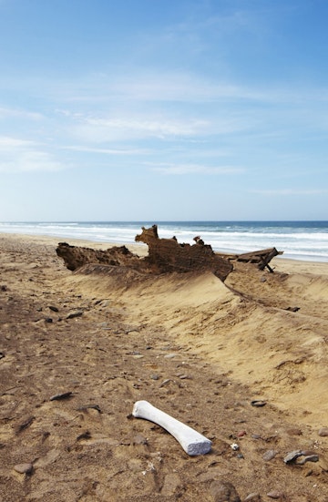 Rusting remains of Suiderkus ship wreck and whale bone on beach in Mowe Bay.