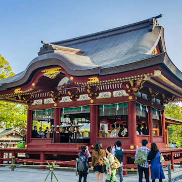 KAMAKURA, JAPAN - 24 April, 2014: Tsurugaoka Hachimangu is Kamakura's most important shrine. The shrine is dedicated to Hachiman, the patron god of the Minamoto family and of the samurai in general.; Shutterstock ID 240149890; Your name (First / Last): Laura Crawford; GL account no.: 65050; Netsuite department name: Online Editorial; Full Product or Project name including edition: BiA: Takayama, south of Tokyo POI images for online