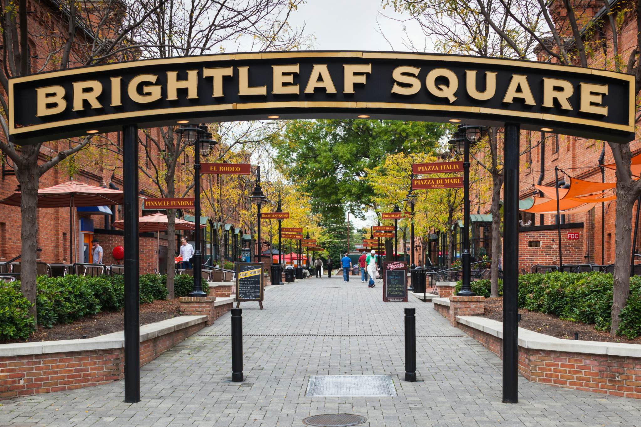 USA, North Carolina, Durham, sign for Brightleaf Square, entertainment complex, set in former tobacco warehouses.