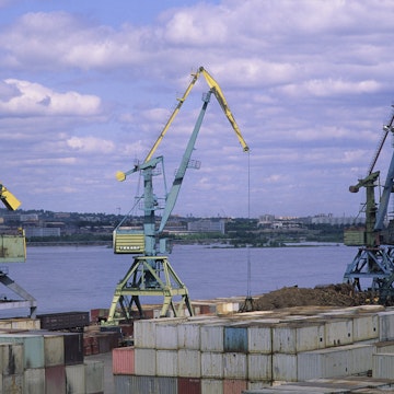 RUSSIA - 1992/01/01: Russia, Siberia, Krasnoyarsk, Container Port At Yenisey River. (Photo by Wolfgang Kaehler/LightRocket via Getty Images)