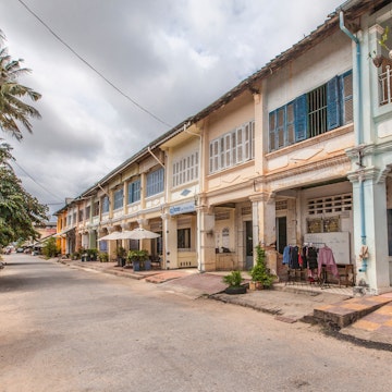 Street of French colonial buildings, Kampot, Cambodia