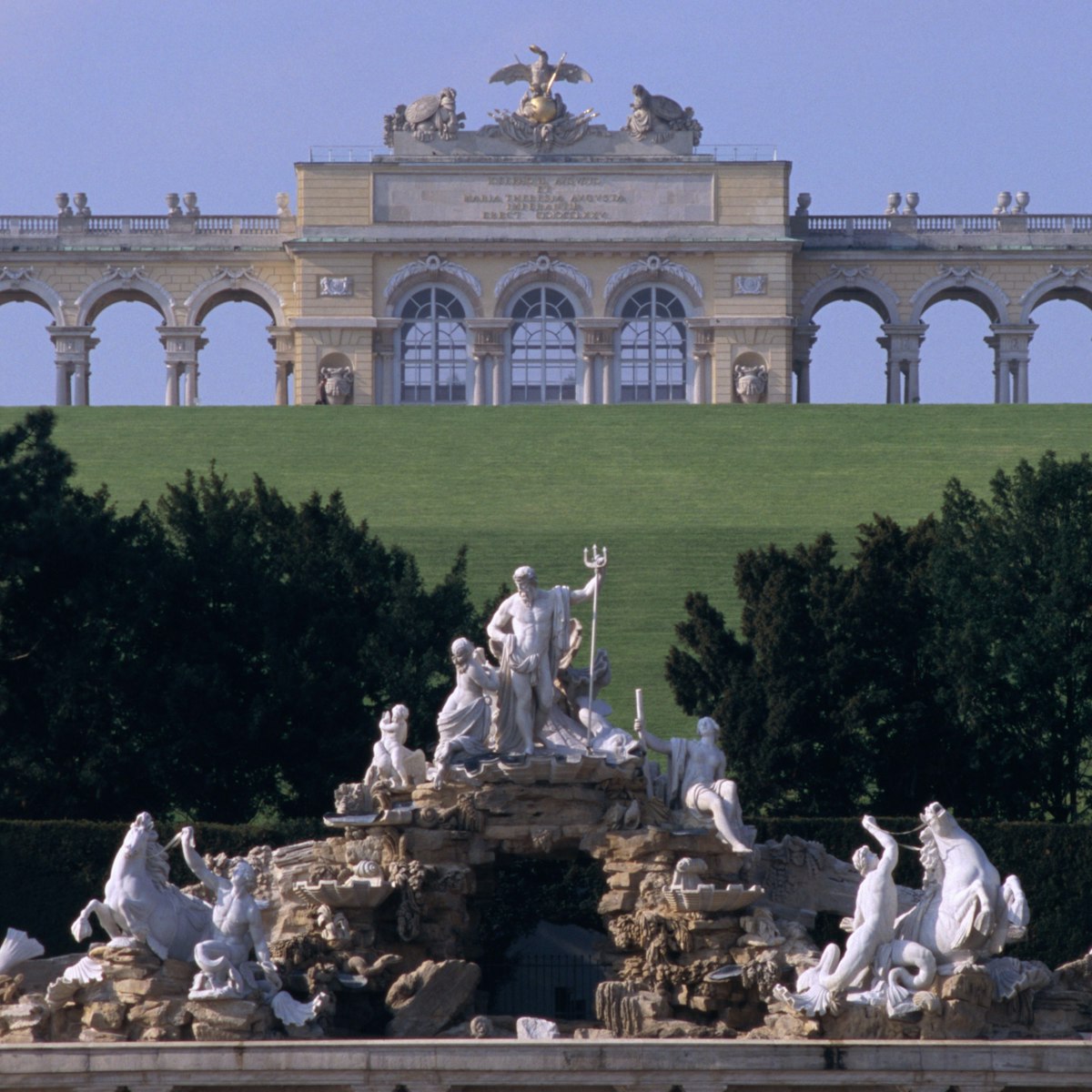Cafe Gloriette in Gloriette Monument on top of hill overlooking Schloss Schonbrunn and Neptune fountain, Hietzing.